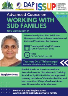 Advanced course on Working with Families with SUD get trained from Dr.Thirumagal, developer of this curriculum